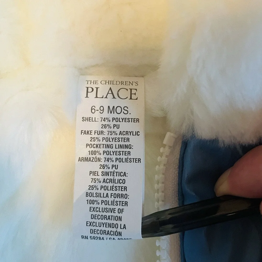 The Children's Place Puffer Jacket Baby Girls 6-9 Months Blue Faux Fur Hood Coat